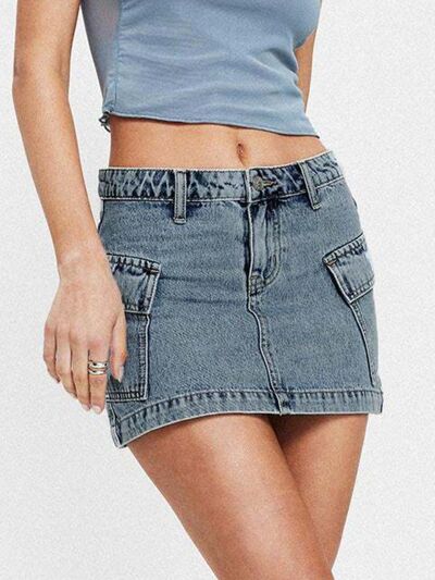 Mini Cargo Denim Skirt with Pockets - MARIGOLD