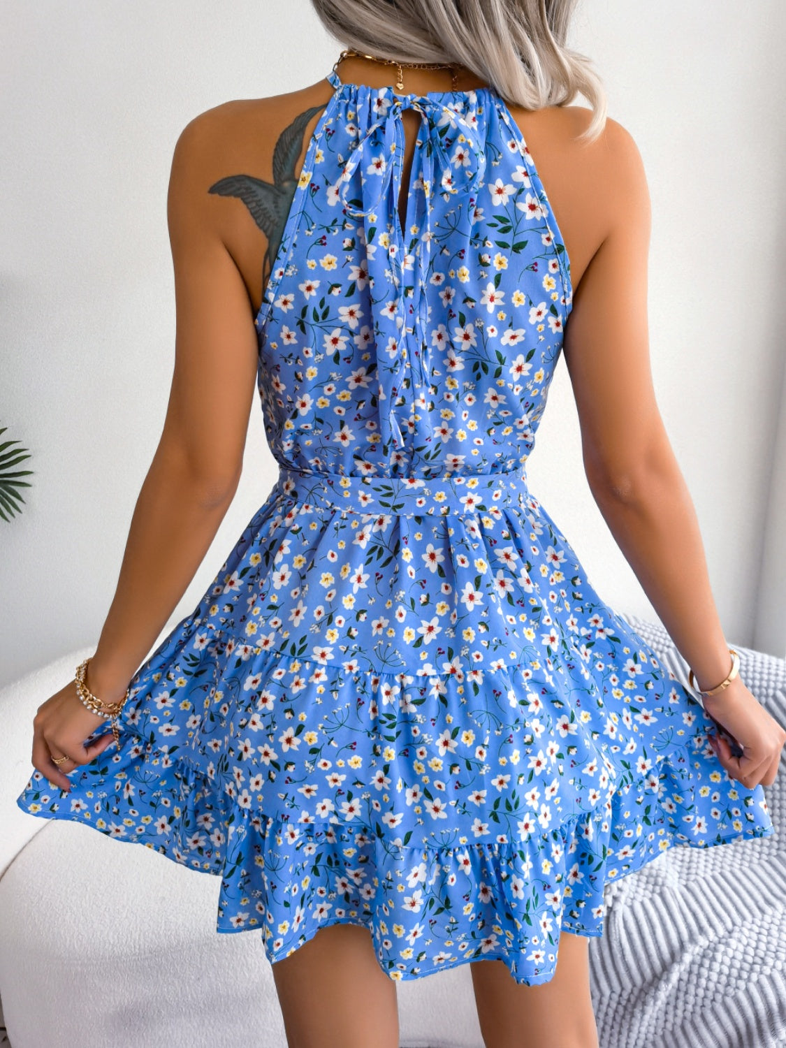 Tied Printed Grecian Neck Mini Dress - MARIGOLD