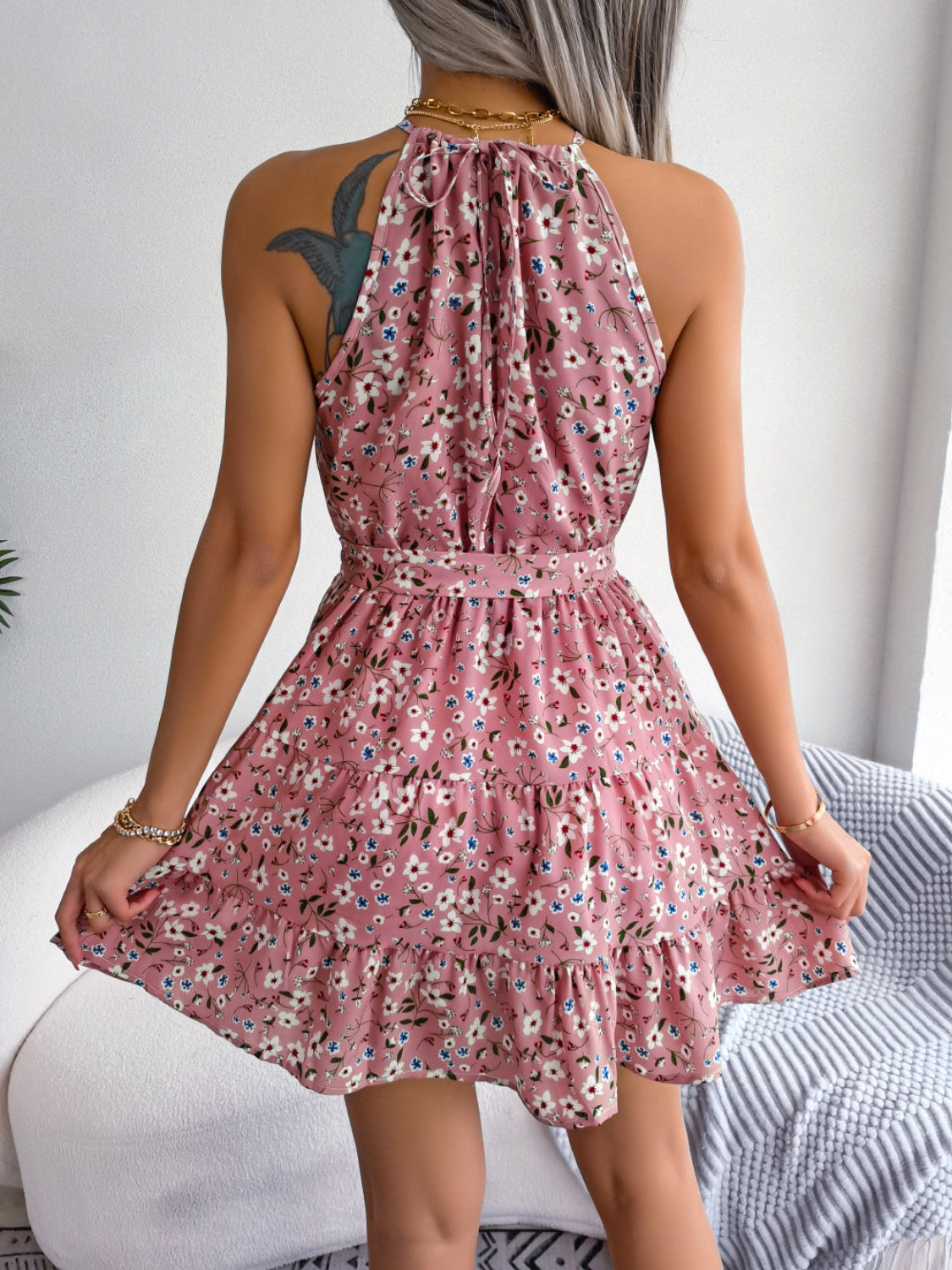 Tied Printed Grecian Neck Mini Dress - MARIGOLD