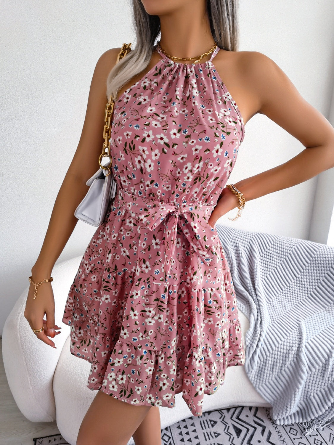 Tied Printed Grecian Neck Mini Dress - MARIGOLD