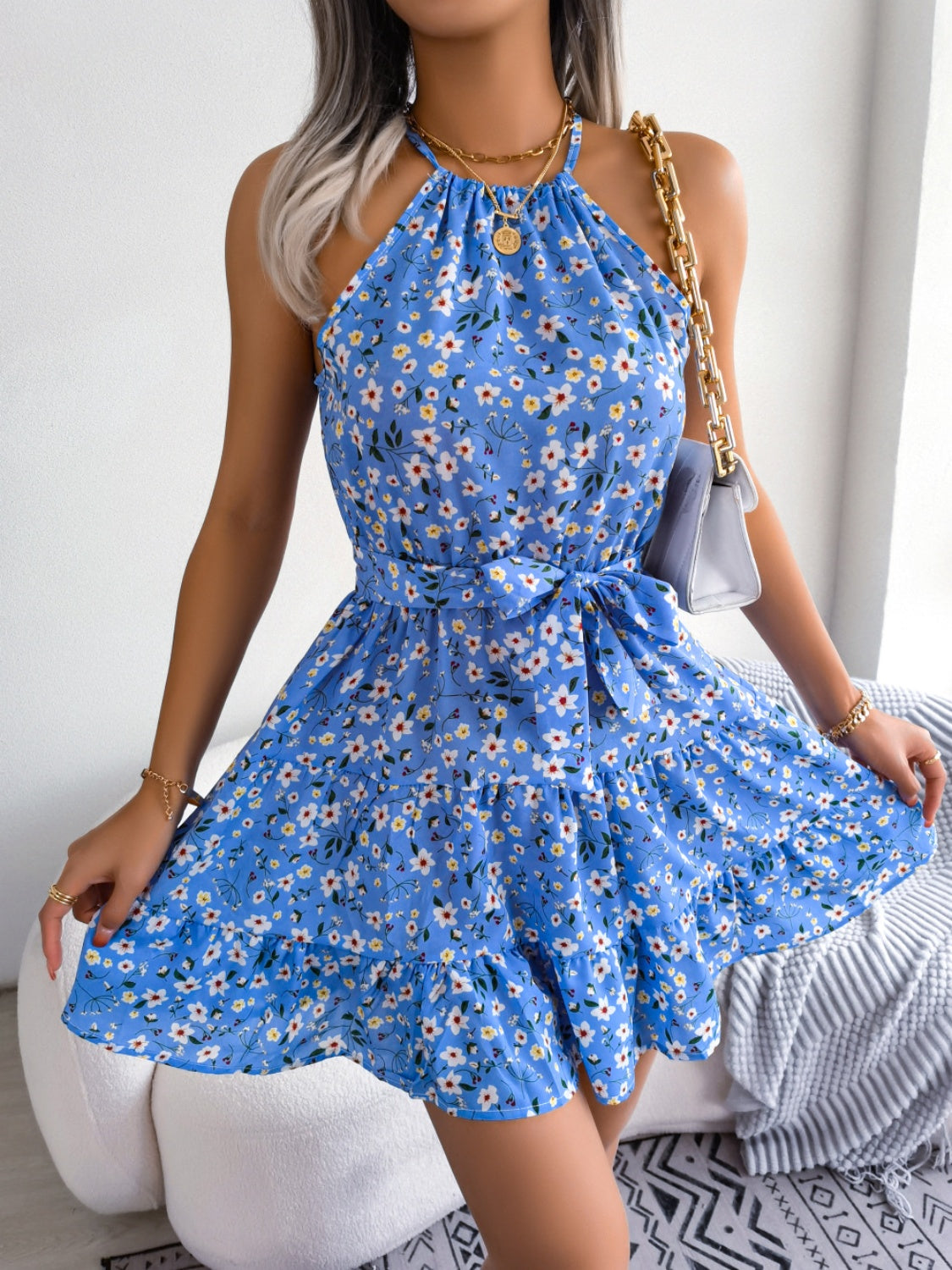 Tied Printed Grecian Neck Mini Dress - MARIGOLD