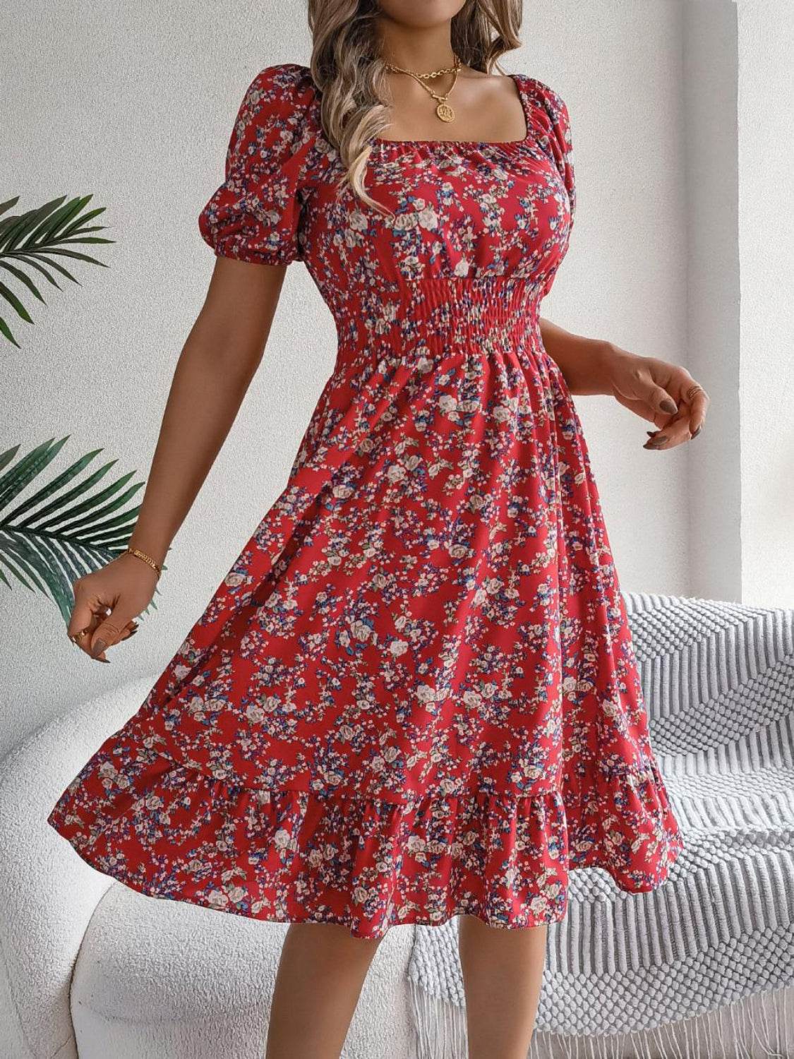 Ruffled Hem Floral Puff Sleeve Dress - MARIGOLD