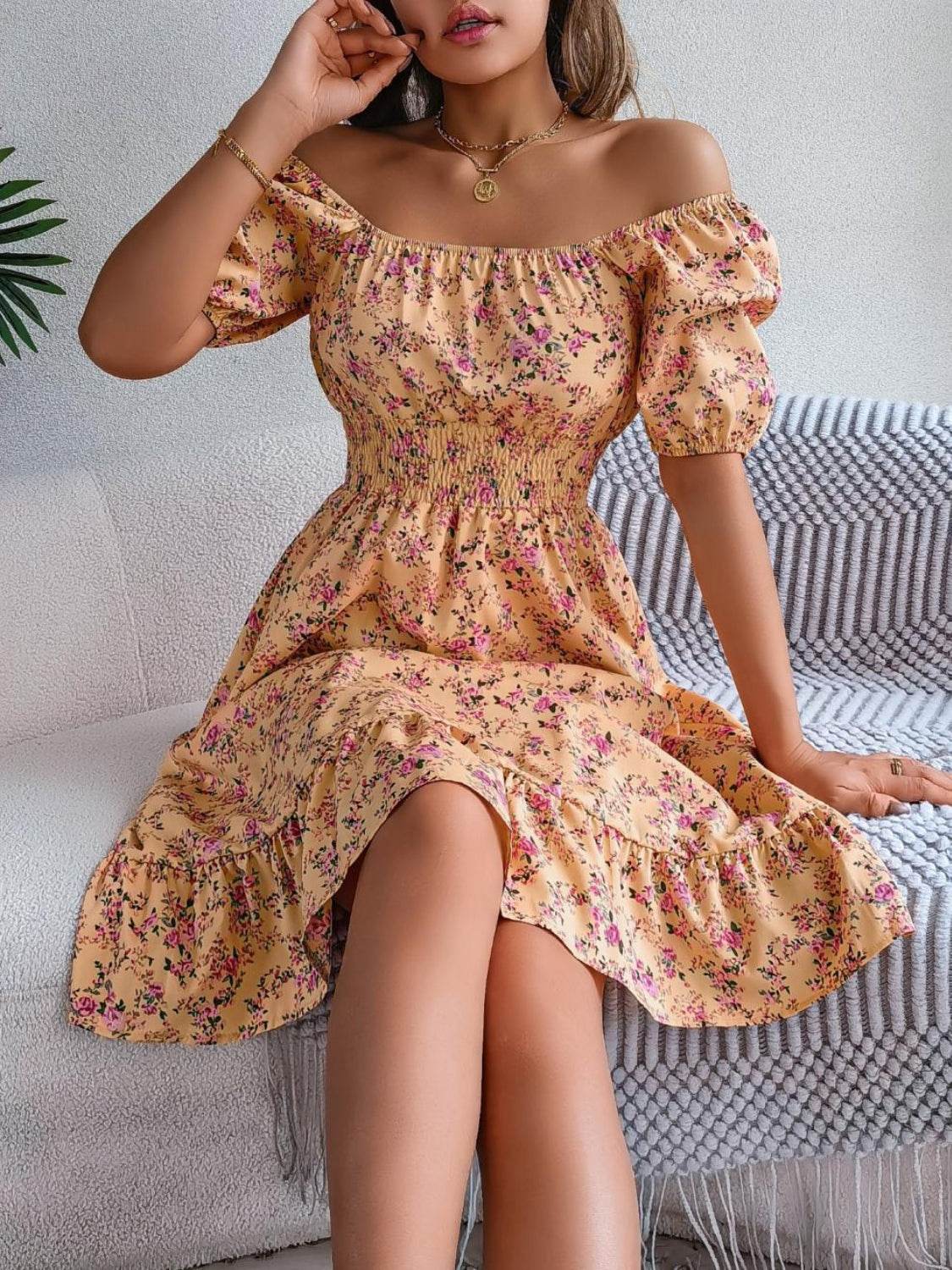 Ruffled Hem Floral Puff Sleeve Dress - MARIGOLD