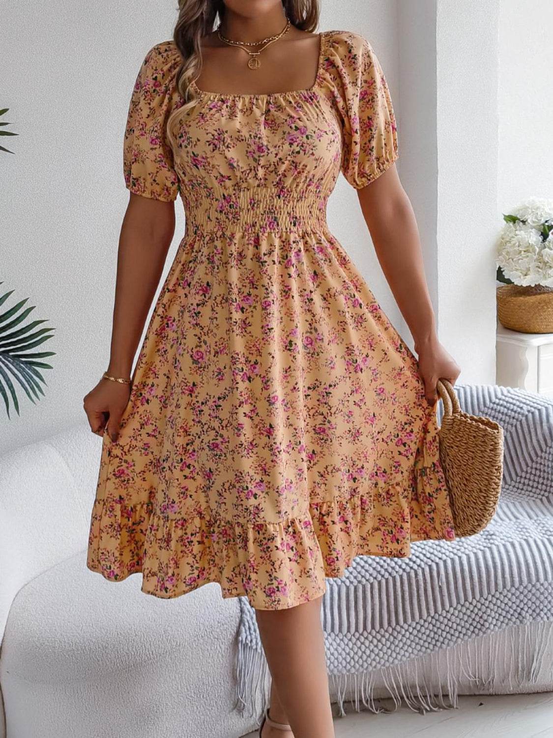 Ruffled Hem Floral Puff Sleeve Dress - MARIGOLD