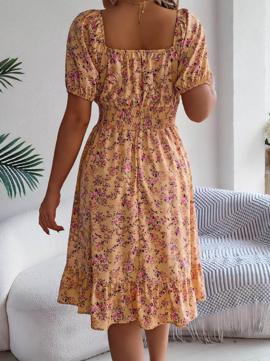Ruffled Hem Floral Puff Sleeve Dress - MARIGOLD