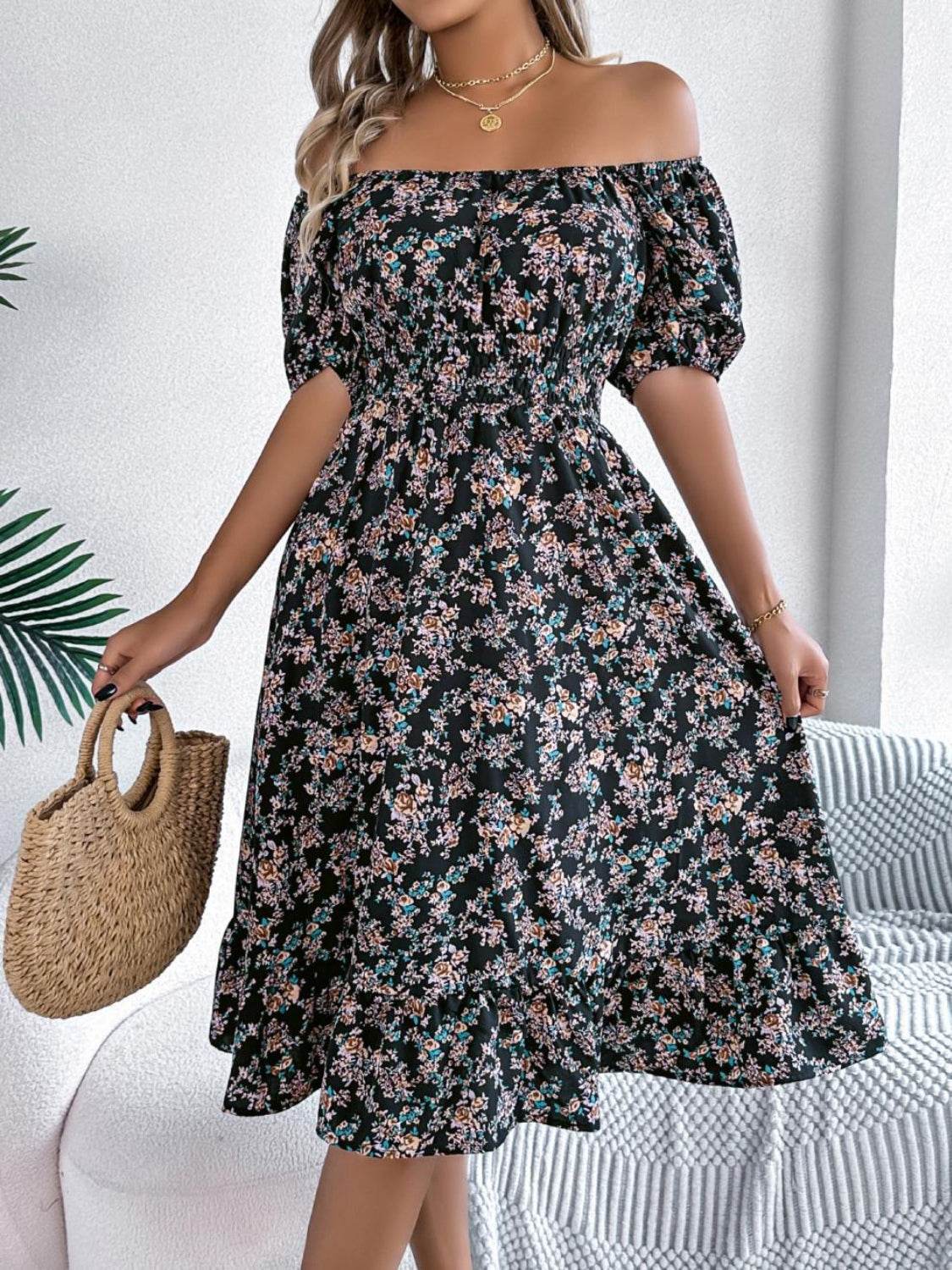 Ruffled Hem Floral Puff Sleeve Dress - MARIGOLD