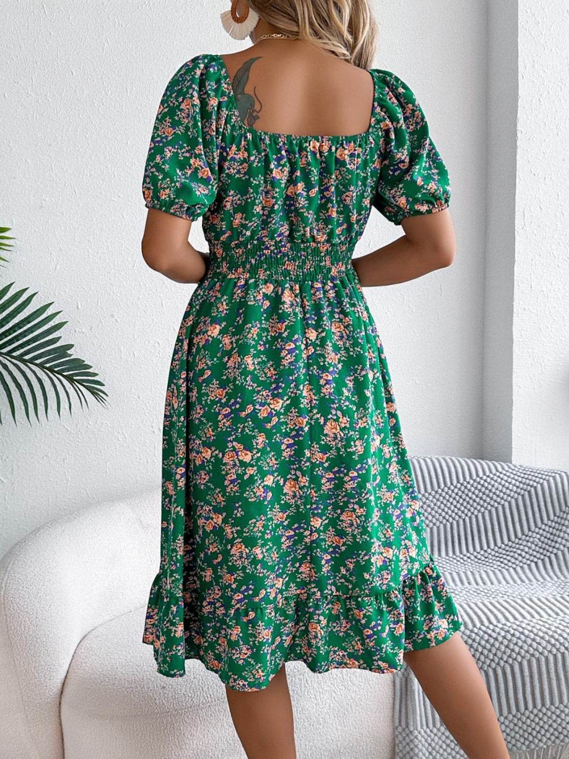 Ruffled Hem Floral Puff Sleeve Dress - MARIGOLD