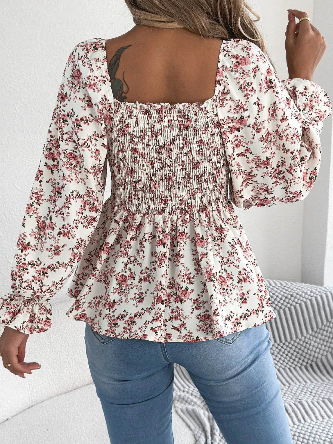 Floral Square Neck Flounce Sleeve Blouse - MARIGOLD