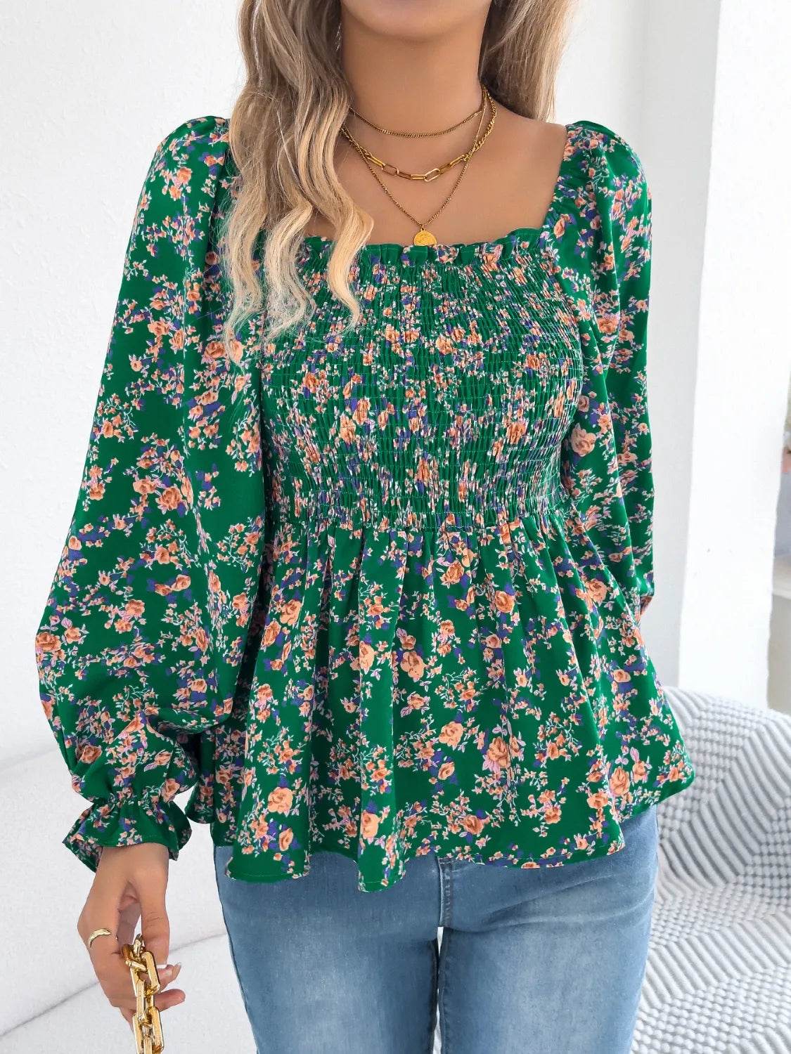 Floral Square Neck Flounce Sleeve Blouse - MARIGOLD