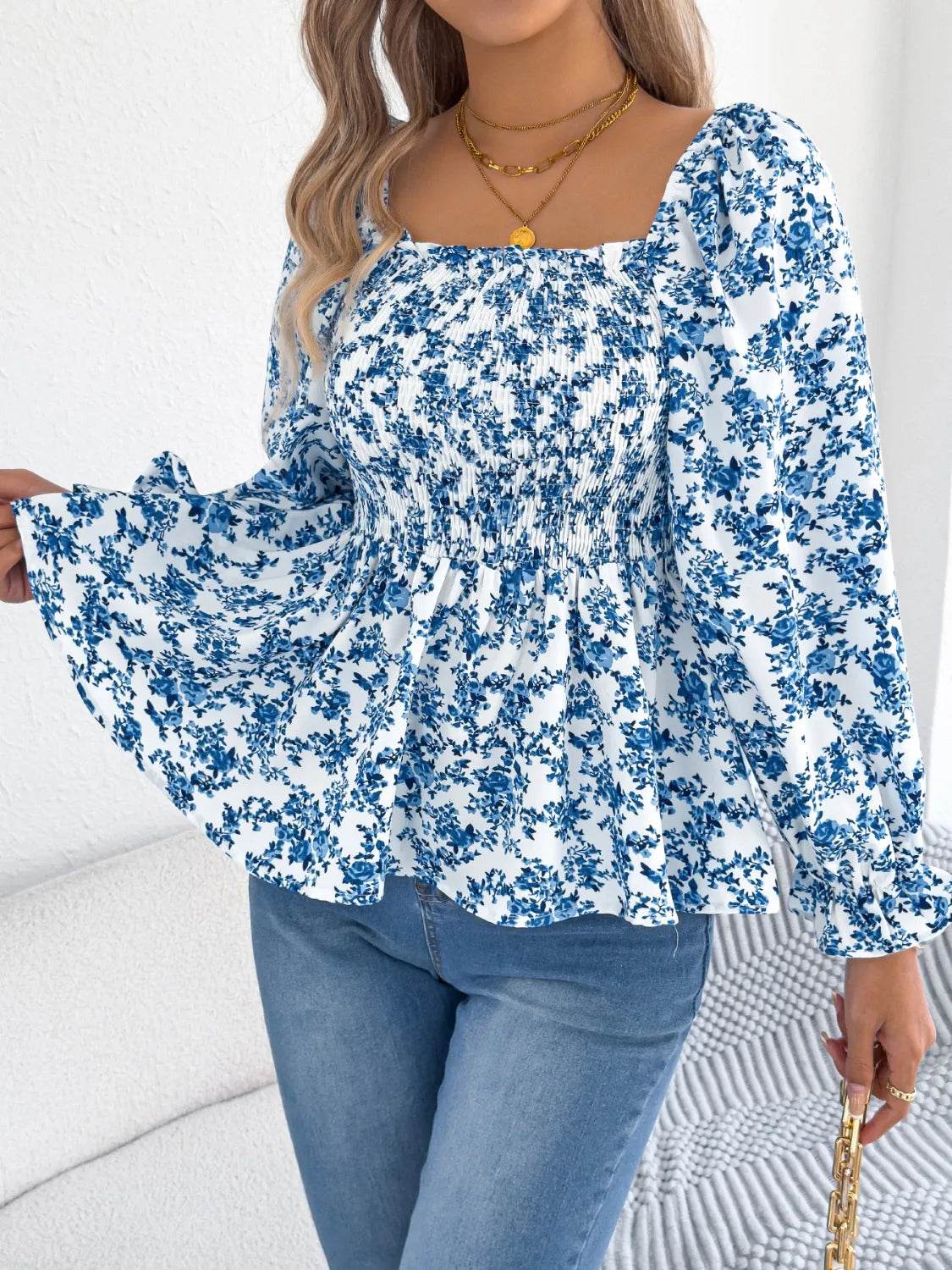 Floral Square Neck Flounce Sleeve Blouse - MARIGOLD