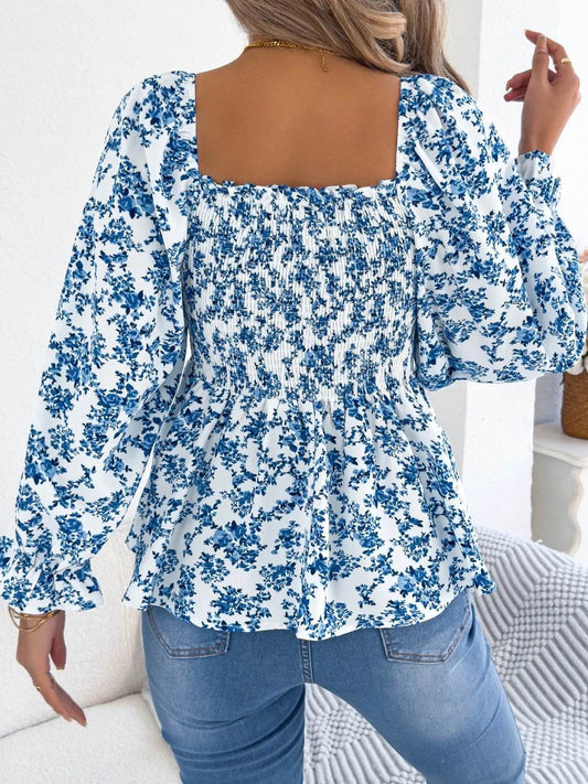 Floral Square Neck Flounce Sleeve Blouse - MARIGOLD
