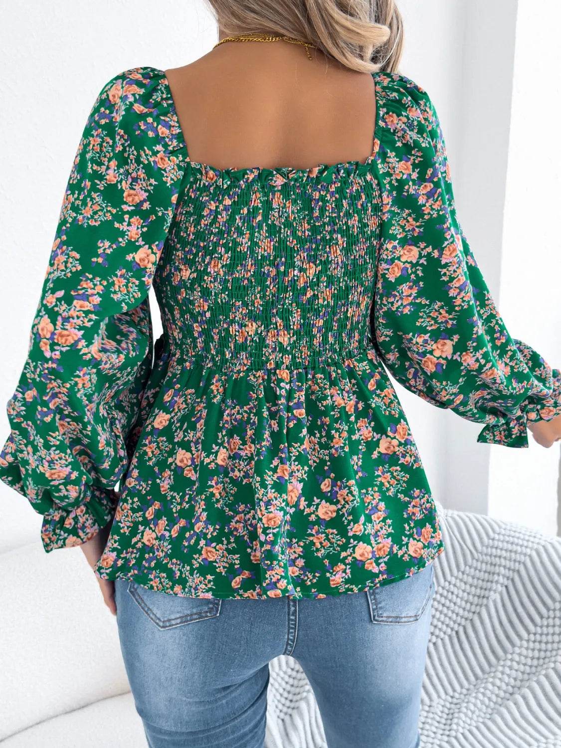 Floral Square Neck Flounce Sleeve Blouse - MARIGOLD