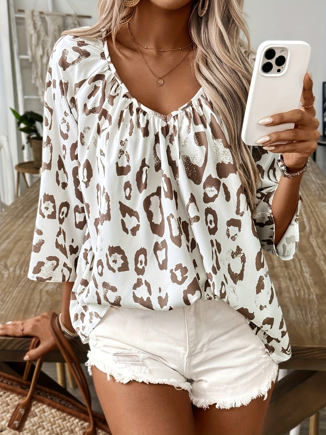 Ruched Leopard V-Neck Blouse - MARIGOLD