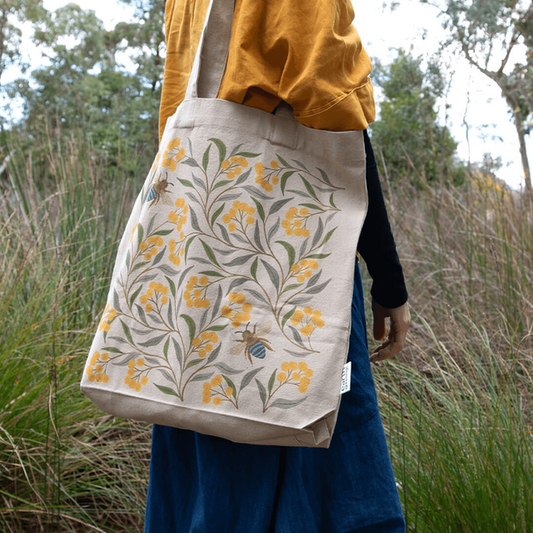 Wattle & Bee Organic Cotton Tote Bag With Pocket - MARIGOLD COLLECTIONS AUSTRALIA