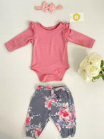 Baby girls outfit pink bodysuit floral pants and headband set