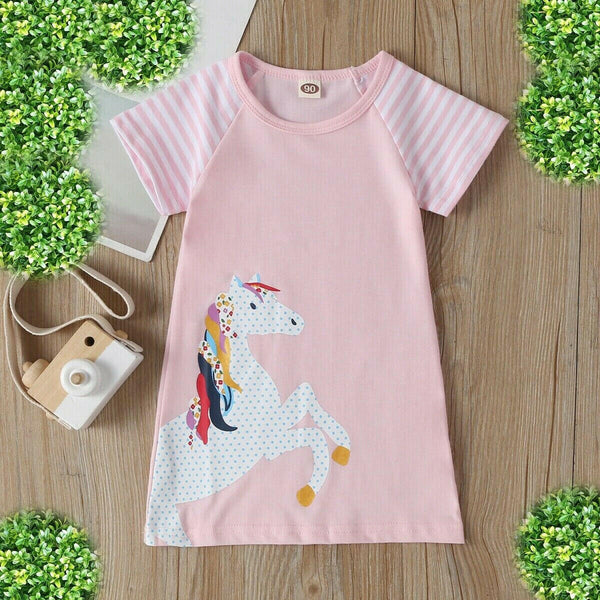 size 9-12 months new baby girls dress colourful horse pink short sleeve dress
