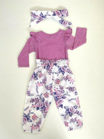 Baby girls outfit pink purple floral top, pants and headband set