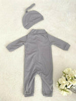 Size 6-9 months Baby Boys Romper New Grey Shawl Collar Button Romper & Beanie