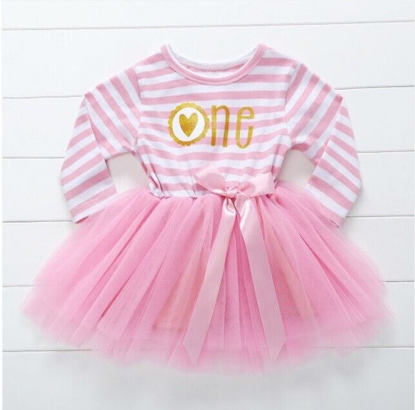 size 1 year toddler girls dress pink & white striped 'one heart'  tulle dress