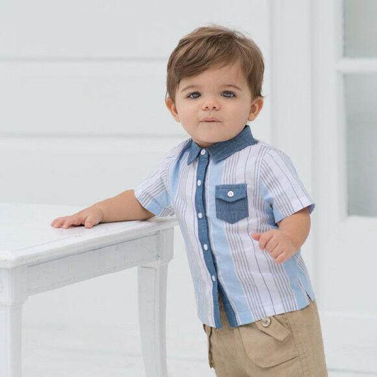 NEW Size 18 Months Boys Shirt Boys Blue Grey Stripe Shirt - MARIGOLD