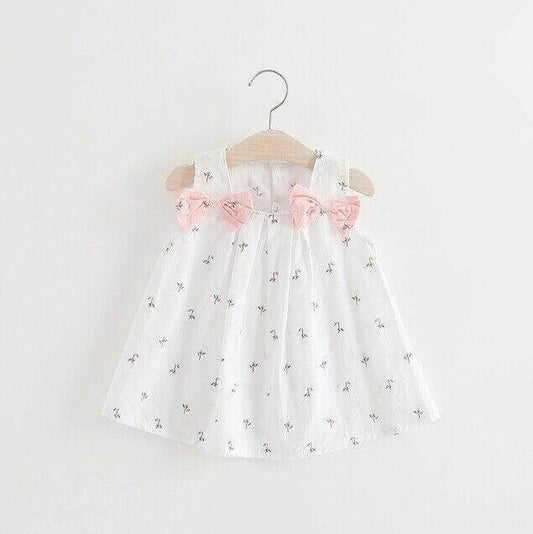 White Dress with Floral Print and Pink Shoulder Bows - MARIGOLD