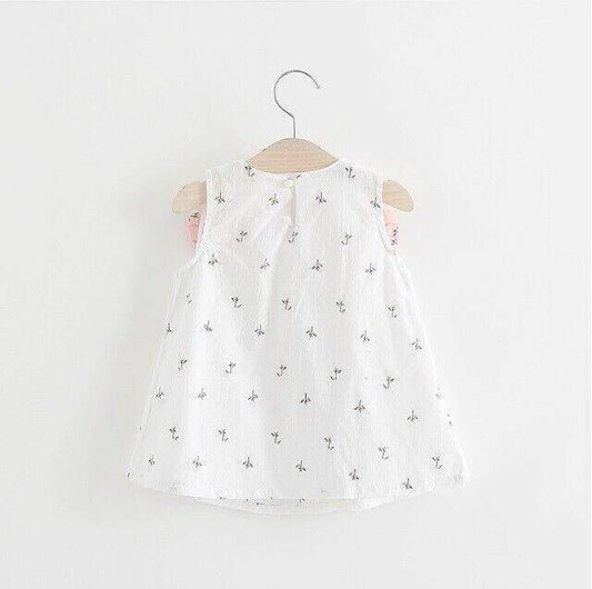 White Dress with Floral Print and Pink Shoulder Bows - MARIGOLD