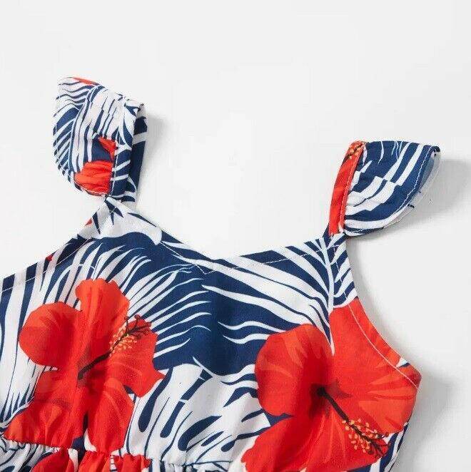 Red Hibiscus and Palm Print Baby Toddler Girls' Dress - MARIGOLD