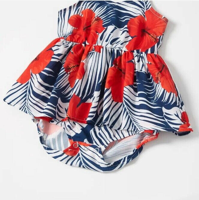 Red Hibiscus and Palm Print Baby Toddler Girls' Dress - MARIGOLD