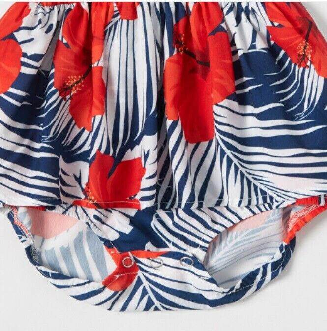 Red Hibiscus and Palm Print Baby Toddler Girls' Dress - MARIGOLD