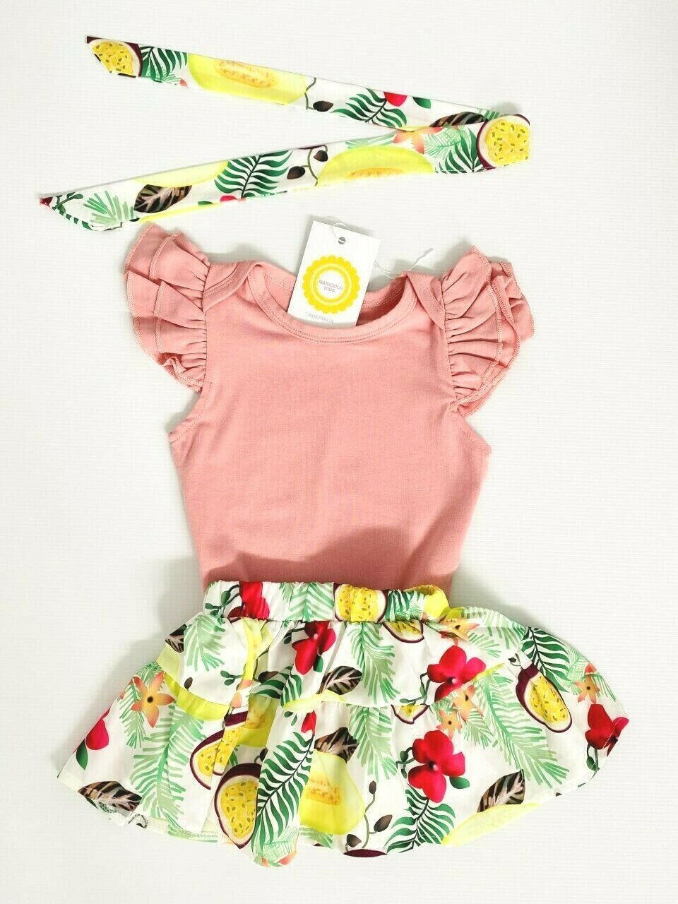 Tropical Fruit 3-Piece Baby Girl Outfit - Bodysuit, Skirt and Headband - MARIGOLD