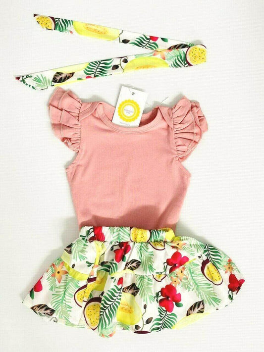 Tropical Fruit 3-Piece Baby Girl Outfit - Bodysuit, Skirt and Headband - MARIGOLD
