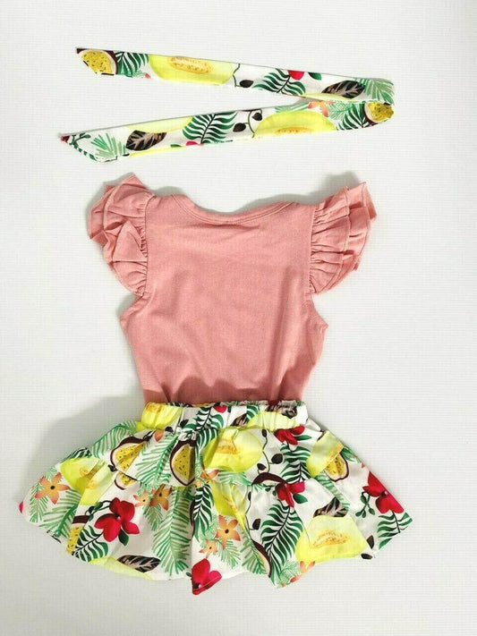 Tropical Fruit 3-Piece Baby Girl Outfit - Bodysuit, Skirt and Headband - MARIGOLD