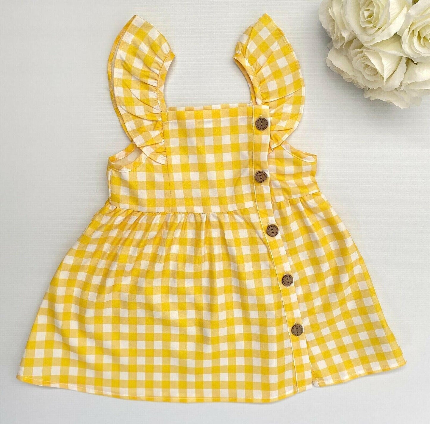 Yellow Gingham Flutter Sleeve Dress - MARIGOLD
