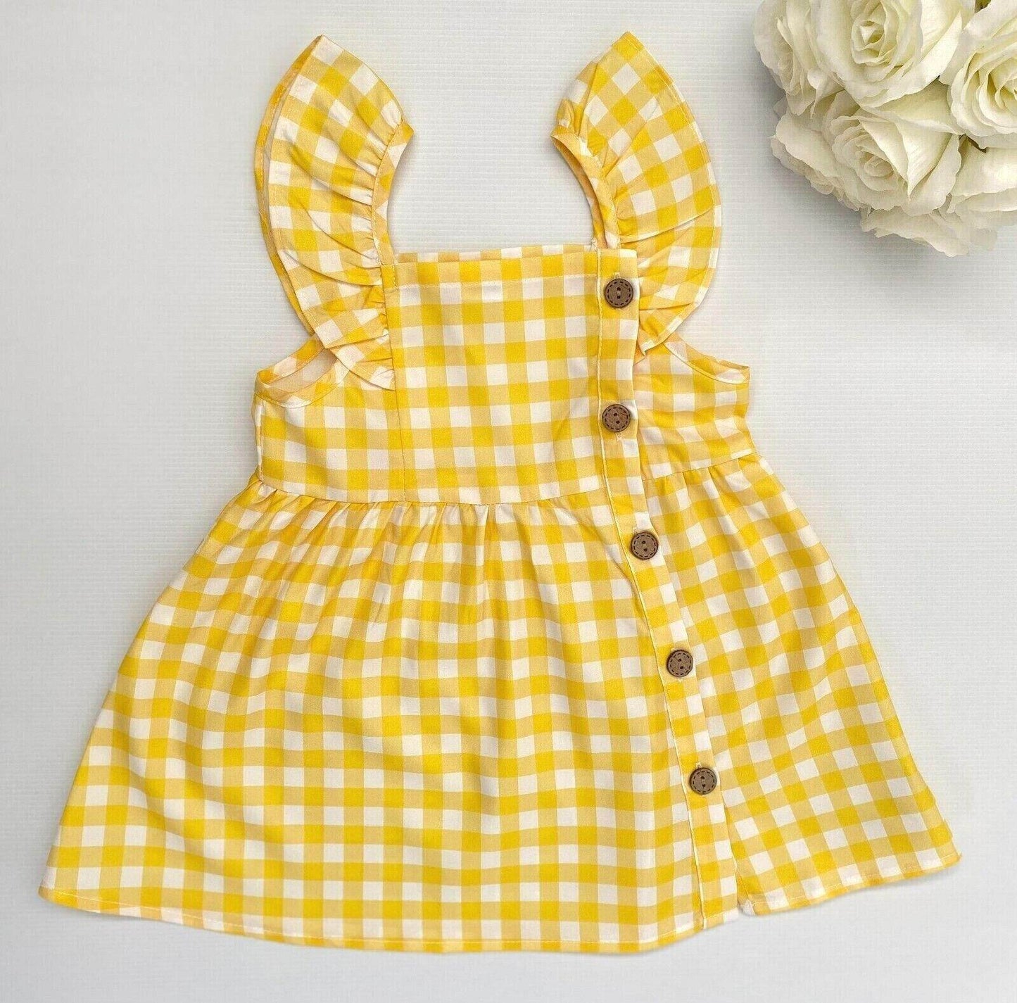 Yellow Gingham Flutter Sleeve Dress - MARIGOLD
