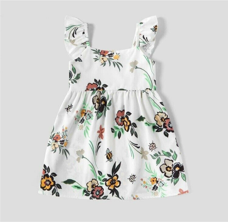 NEW Size 9-12 months Baby Dress Flowers LadyBug Bumble Bee print White Dress - MARIGOLD