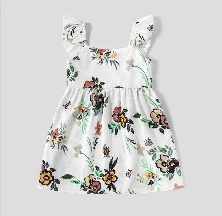 NEW Size 9-12 months Baby Dress Flowers LadyBug Bumble Bee print White Dress - MARIGOLD