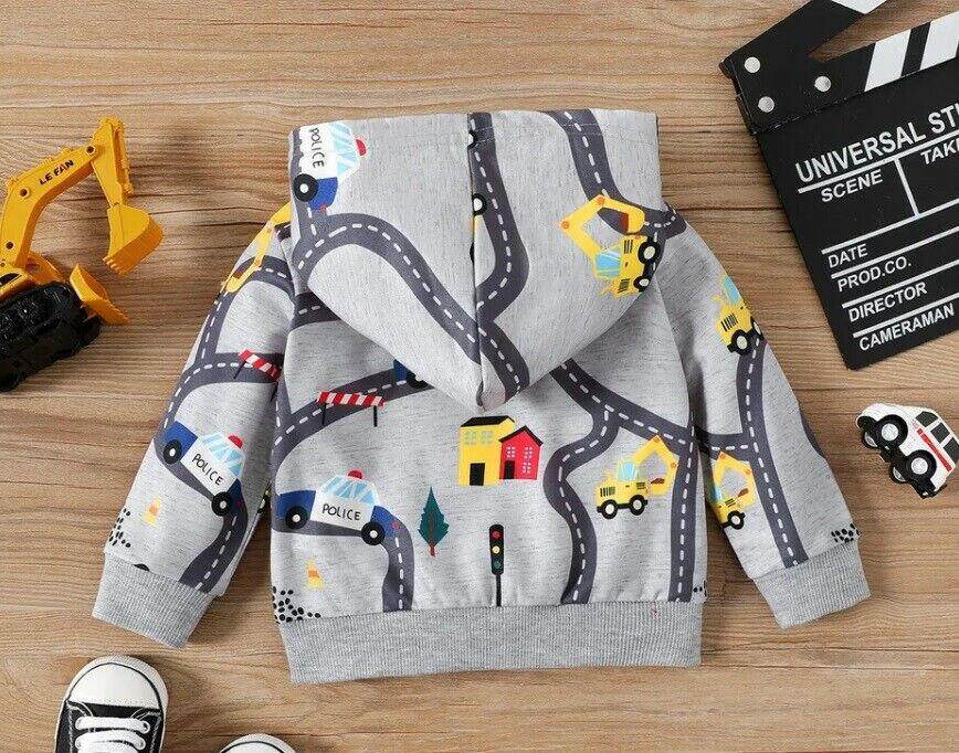 Light Grey Vehicle Print Baby Boys Hoodie Top - MARIGOLD