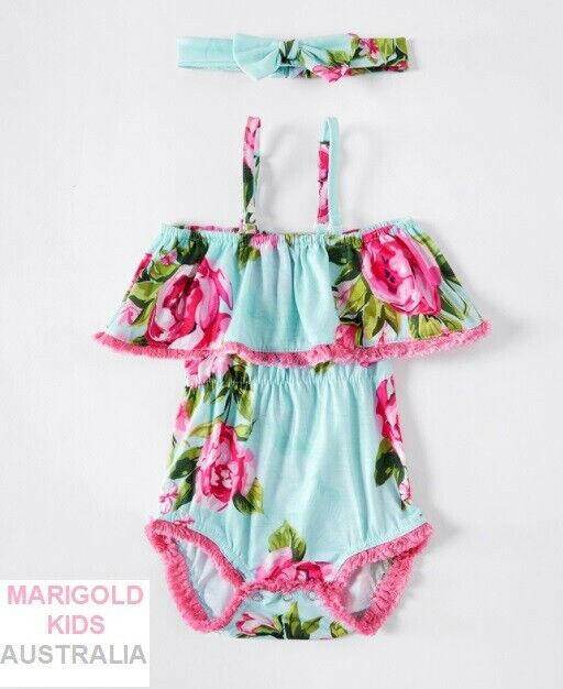 Baby girls clothing new baby girls blue and pink floral romper and headband set - MARIGOLD