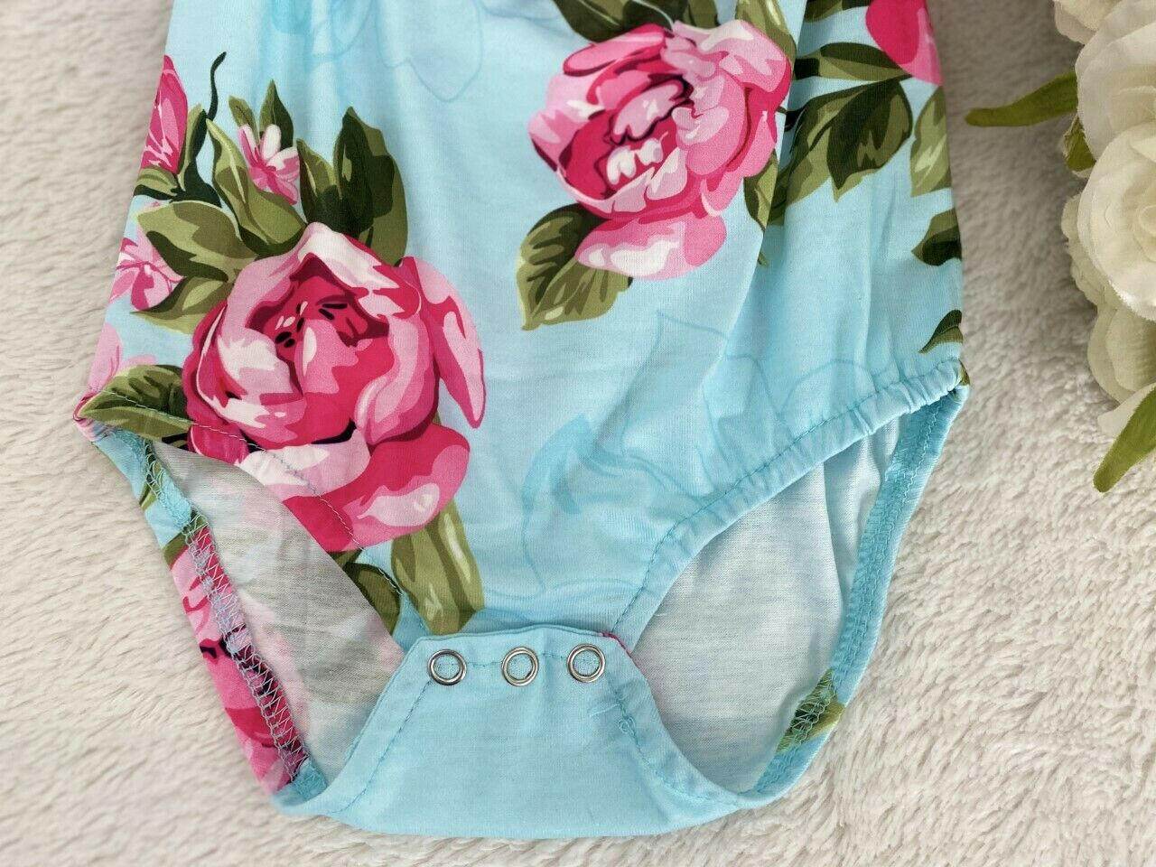NEW Size 9-12 months Blue Pink Floral Ruffle Sleeve Baby Girl Romper & Headband - MARIGOLD