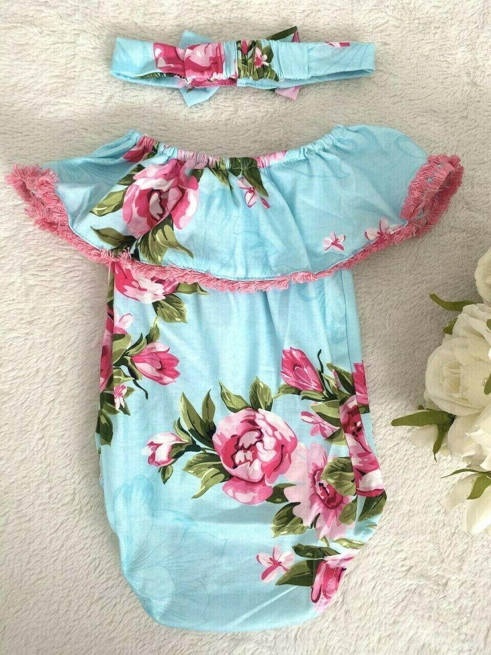 NEW Size 9-12 months Blue Pink Floral Ruffle Sleeve Baby Girl Romper & Headband - MARIGOLD