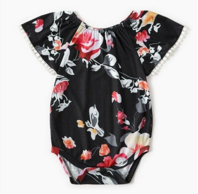 NEW Size 9-12 months Baby Girls Bodysuit Black Floral Flutter Sleeve Romper - MARIGOLD