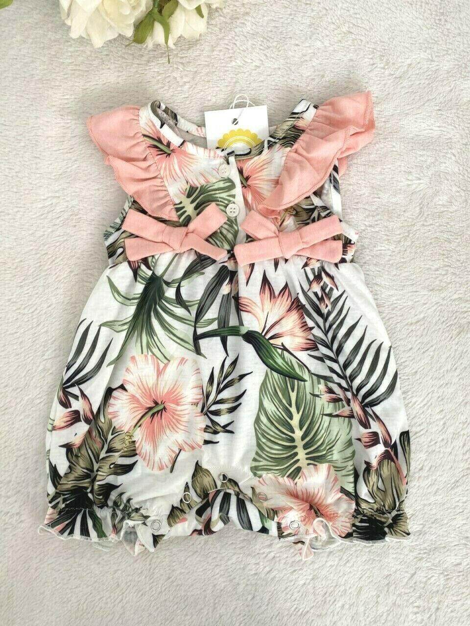Size 3-6 months Baby Girls Romper New Cute Pink Hibiscus Palm Print Baby Romper - MARIGOLD