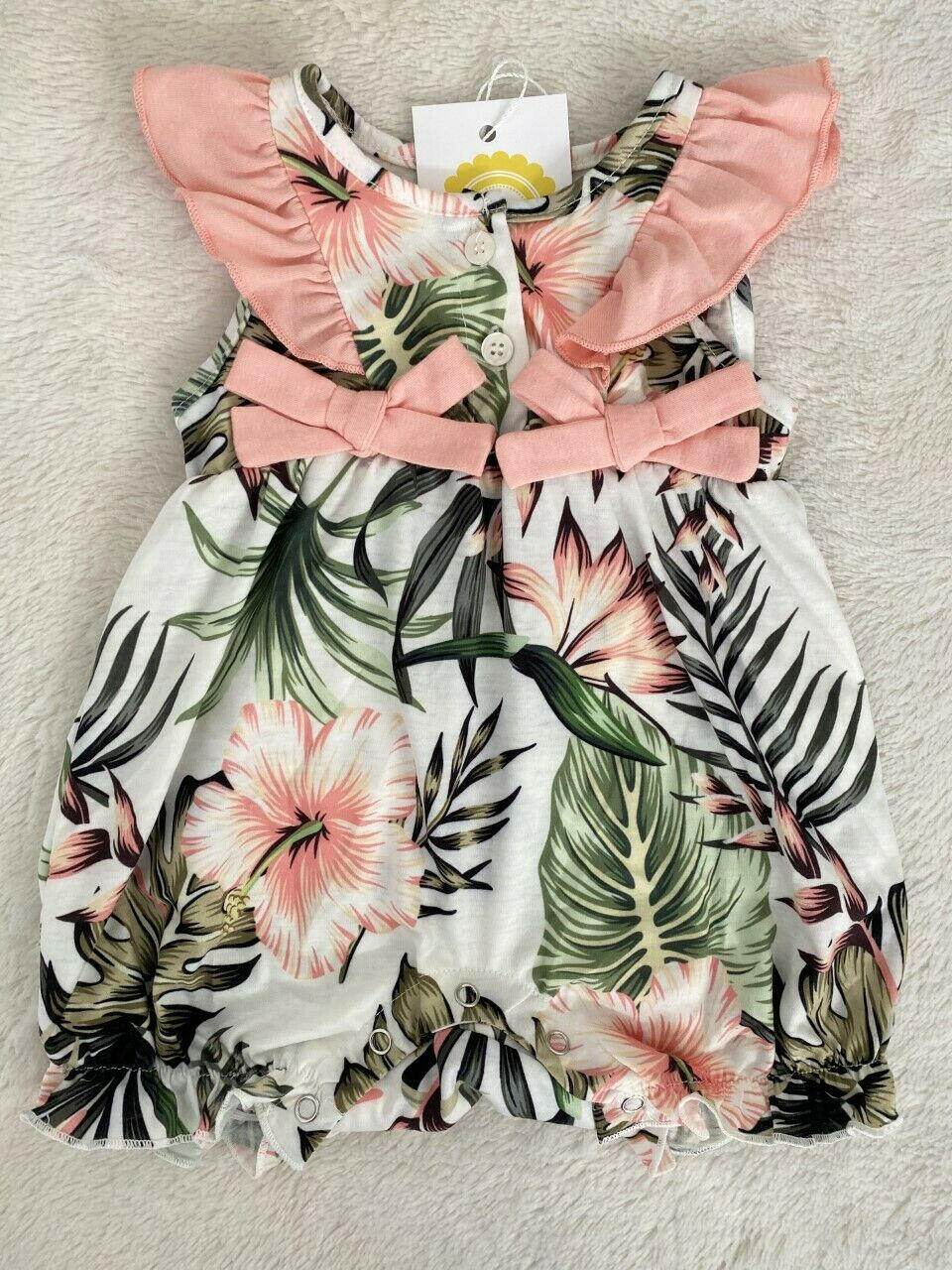 Size 3-6 months Baby Girls Romper New Cute Pink Hibiscus Palm Print Baby Romper - MARIGOLD