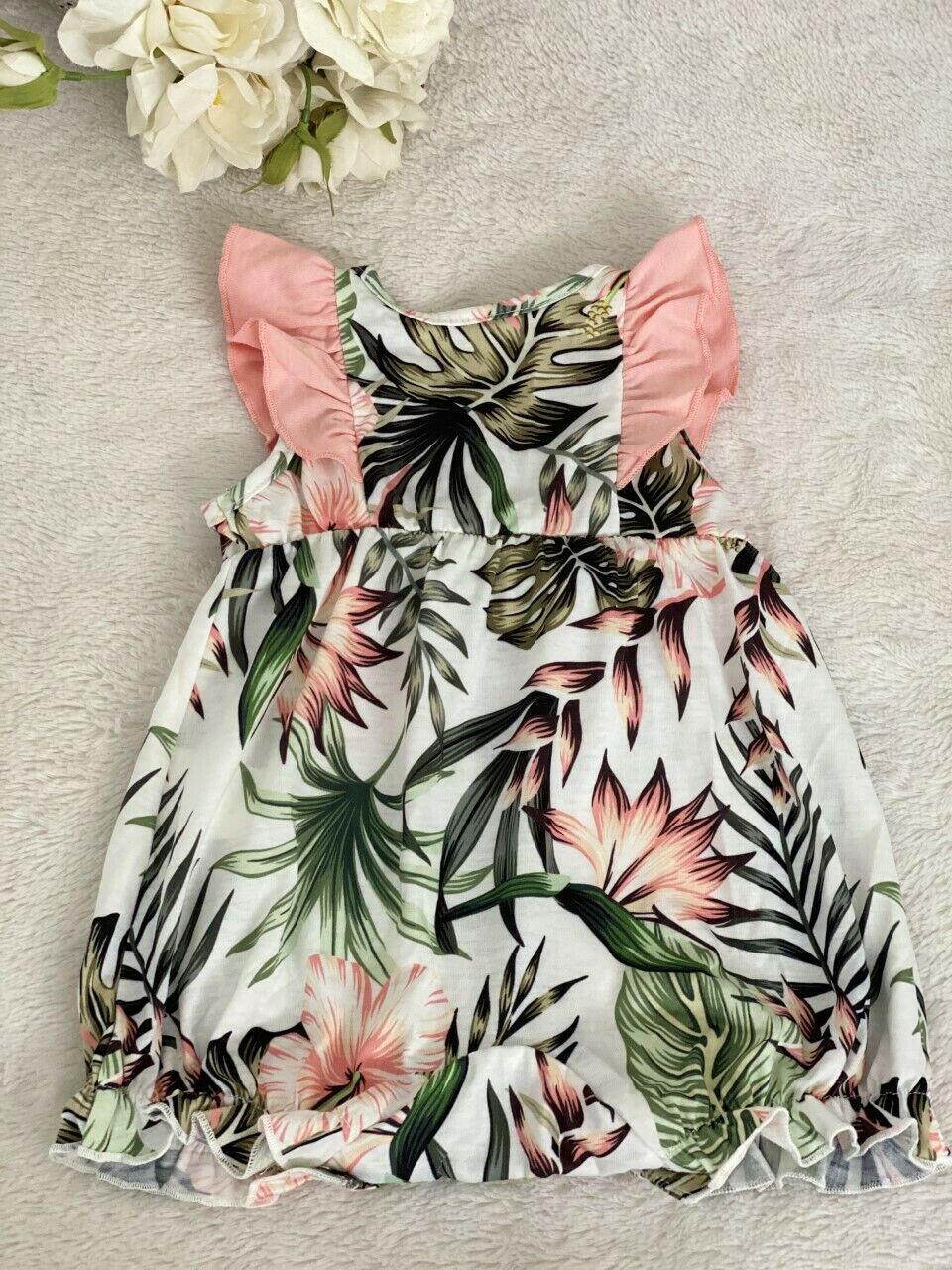 Size 3-6 months Baby Girls Romper New Cute Pink Hibiscus Palm Print Baby Romper - MARIGOLD