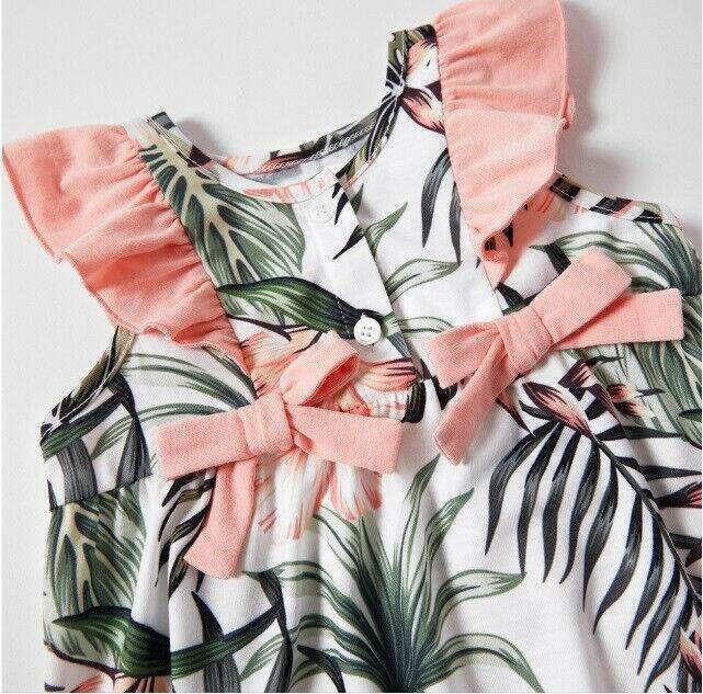 Size 3-6 months Baby Girls Romper New Cute Pink Hibiscus Palm Print Baby Romper - MARIGOLD