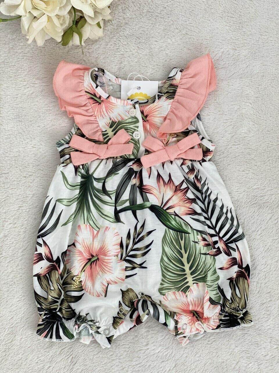 Size 3-6 months Baby Girls Romper New Cute Pink Hibiscus Palm Print Baby Romper - MARIGOLD