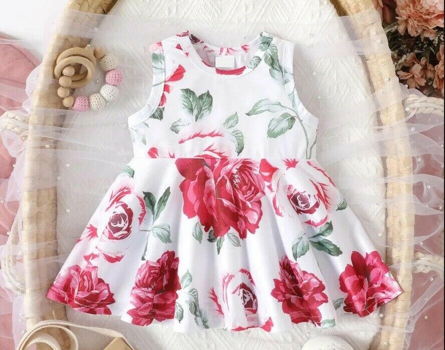 Rose Red Floral Print Girls Dress - MARIGOLD