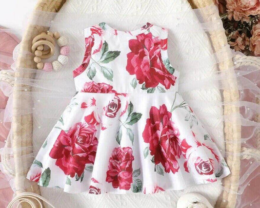 Rose Red Floral Print Girls Dress - MARIGOLD