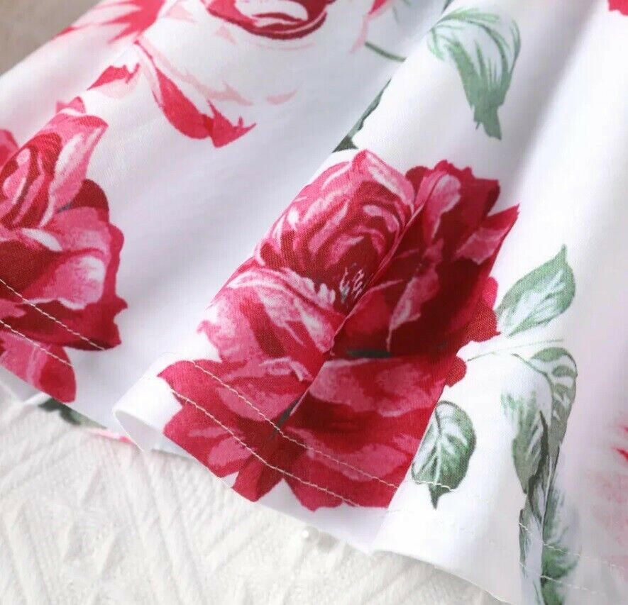 Rose Red Floral Print Girls Dress - MARIGOLD