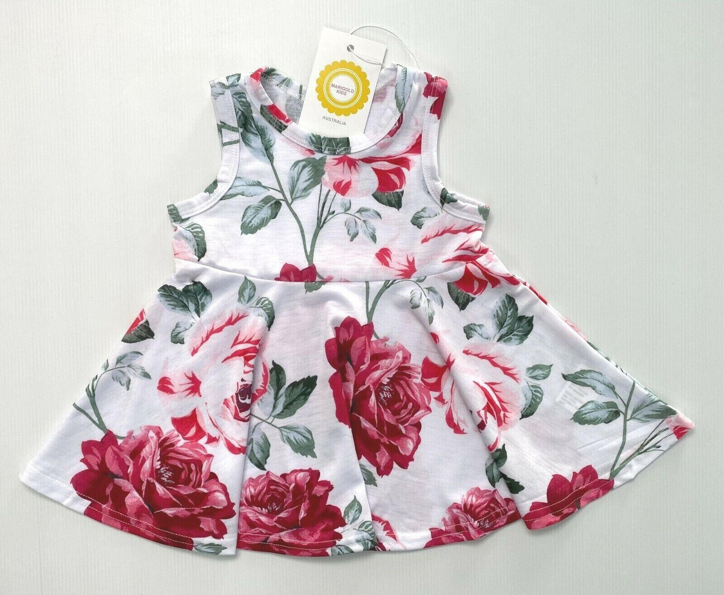 Rose Red Floral Print Girls Dress - MARIGOLD